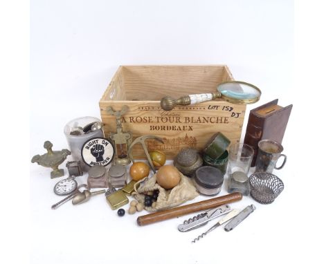 Various interesting collectables, including small silver wirework basket, church offerings book moneybox, mother-of-pearl han