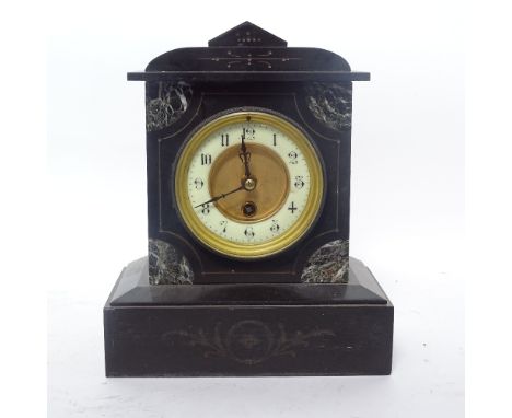 A slate-cased 30-hour mantel clock with veined marble corners, case height 27cm 