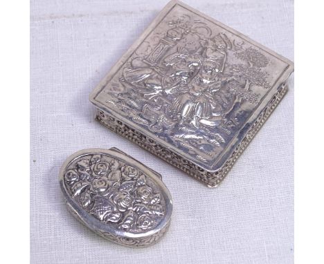 A German silver pillbox, and a Swedish silver pillbox, both with relief embossed decoration (2) 