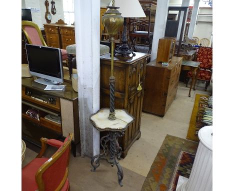 A Victorian brass and copper telescopic lamp (converted to electricity), with marble shelf 