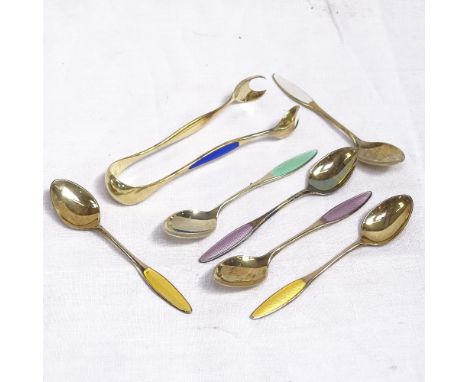 A set of 6 silver-gilt and coloured enamel teaspoons, with matching sugar tongs, by Frigasi of Denmark 