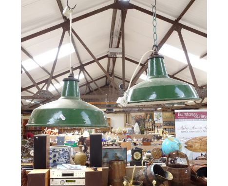 A pair of Vintage green and white enamel industrial ceiling light shades, shade diameter 35cm (2) 