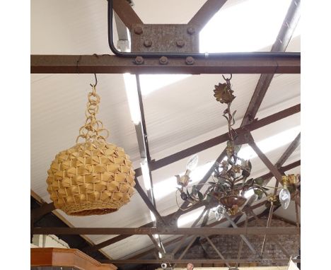 A Vintage painted wrought-iron floral 3-branch chandelier, and a woven palm leaf light shade, chandelier height excluding fit