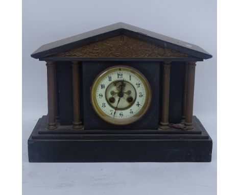 A large slate and brass architectural mantel clock, and an oak-cased 2-train mantel clock, largest length 38cm (2) 