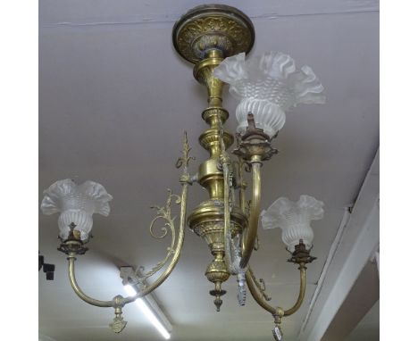 An embossed brass 3-branch hanging light fitting, L70cm 