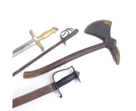 A reproduction Indian tulwar sword, painted and gilded wood sword and axe, and a small presentation sword (4) 