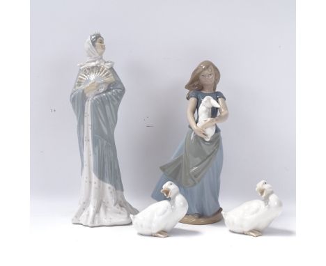 4 NAO figures, lady with a fan, height 31.5cm, a girl with a rabbit, and 2 ducks 