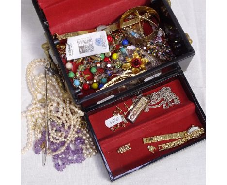 A group of costume jewellery, to include silver ingot pendant, 9ct gold and silver-filled bangle etc, in 2-handled jewellery 