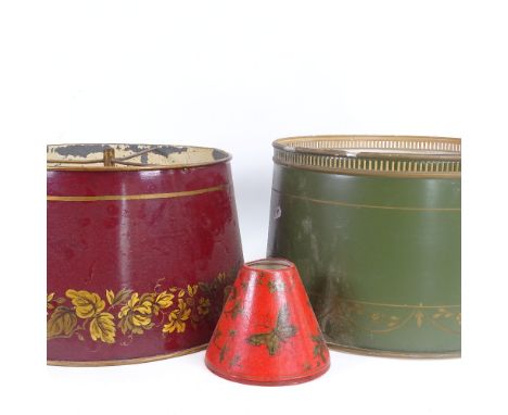 A small pair of enamelled gilded light shades, and 2 painted tin ceiling light shades (4) 