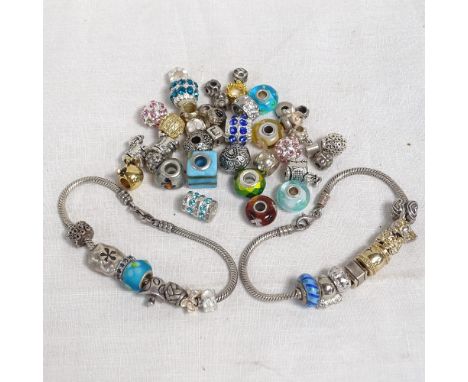 2 silver charm bracelets and assorted silver charms 