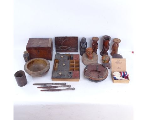 Mahogany tea caddy, turned wood bowl, African Tribal carvings, papier mache boxes etc 