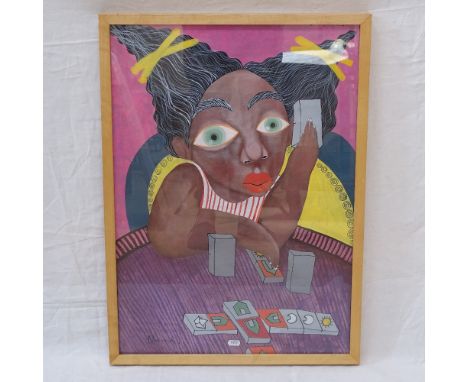 Victor Mora (Cuban), mixed media painting, portrait of a child, 27" x 19", framed 