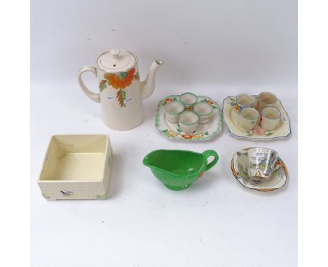 2 1930s egg cup sets on stands with painted decoration, a Burleigh Ware coffee cup and saucer, etc 