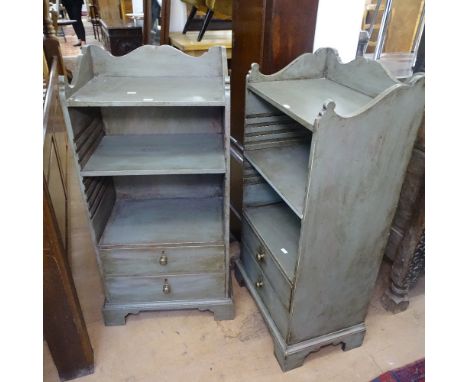 A pair of green painted side cabinets, with open shelf and 2 drawers, on bracket feet, W46cm, D30cm, H97cm 