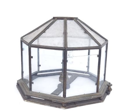 An Antique brass-framed octagonal barn flush ceiling light fitting/mount, glass panels with hinged case, height 21cm 