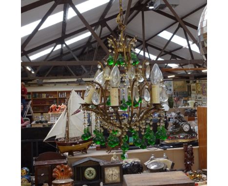 A Vintage brass and moulded glass droplet ceiling light chandelier, height excluding fitting 50cm 