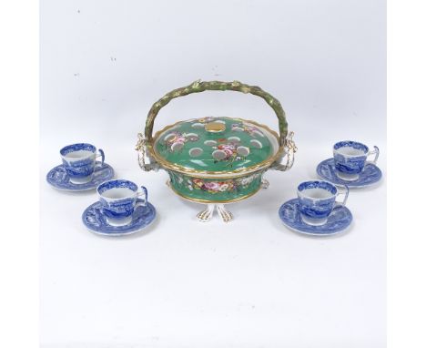 19th century Spode porcelain potpourri basket on paw feet, with twig design handle, 25cm diameter overall, and a set of 4 Spo