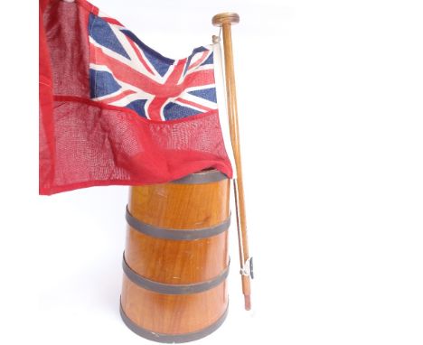 A tapered coopered oak stick stand, a ship's pennant flag, and 2 brass pricket candlesticks, stick stand height 43cm (4) 