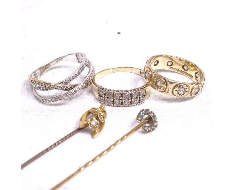 Various gold jewellery, to include 15ct gold pearl and diamond wishbone stick pin, a 9ct white and yellow gold diamond crosso