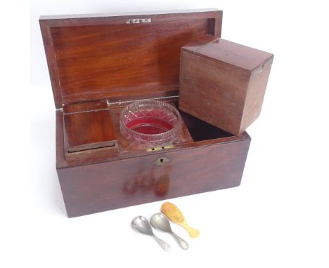 A 19th century mahogany rectangular tea caddy, with internal central glass bowl and removable caddy containers, length 35cm 