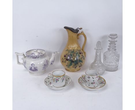 2 Antique cut-glass decanters and stoppers, tallest 21cm, 19th century teapot depicting&nbsp;Baron Brougham and Lord John Rus