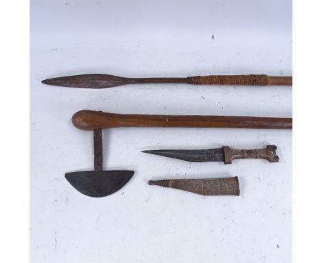 A Native American battle axe, spear, and an Eastern metal-clad dagger (3) 