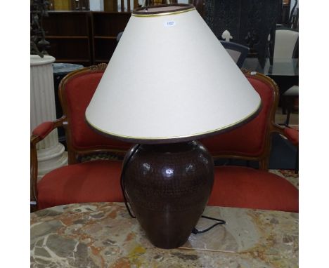 A modern patinated baluster table lamp and shade, height to top of shade 64cm 