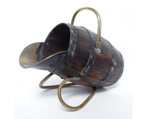 Various fireside items, including coopered oak coal barrel bucket, claw and ball tools etc 