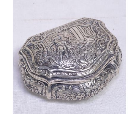 A 19th century German Hanau silver snuff box, with a shaped cartouche and embossed Classical scene to the lid, and gilt inter