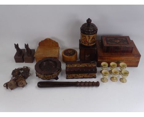 An oak tea caddy, brass-bound mahogany sewing box, a hardwood police baton, etc 