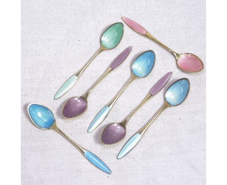 7 silver-gilt and coloured enamel teaspoons with enamelled shell bowls, by Frigast, Denmark 