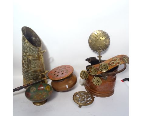 Various brass and copper, including jug stick stand, warming pan, horse brasses etc 