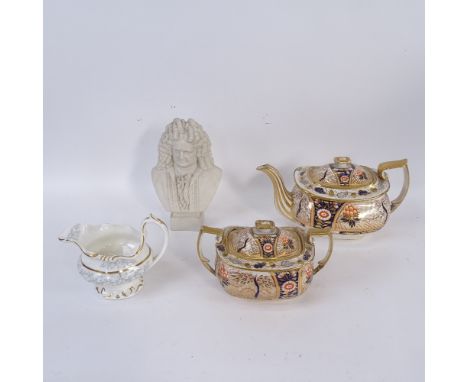 Early 19th century porcelain teapot and matching sucrier, a Victorian jug and a bust of Handel 