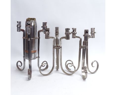 TRENCH ART - a 3-branch socket bayonet and cannon shell candelabra, a similar pair of socket bayonet candelabra, and a 3-bran