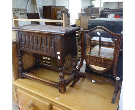 An Ipswich oak design stool/sewing table, with Arcadian card frieze, on baluster legs, W51cm, H46cm, and a 19th century mahog