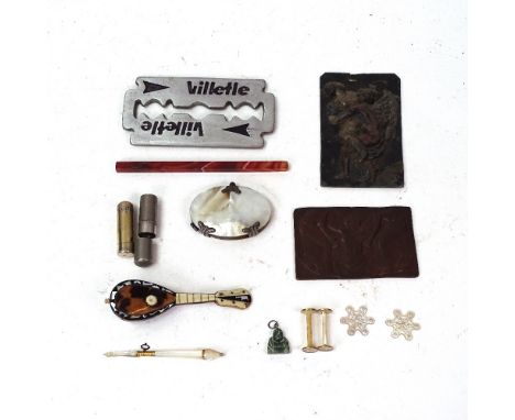 Various interesting collectables, including a blonde tortoiseshell and mother-of-pearl inlaid miniature lute, music key tunin