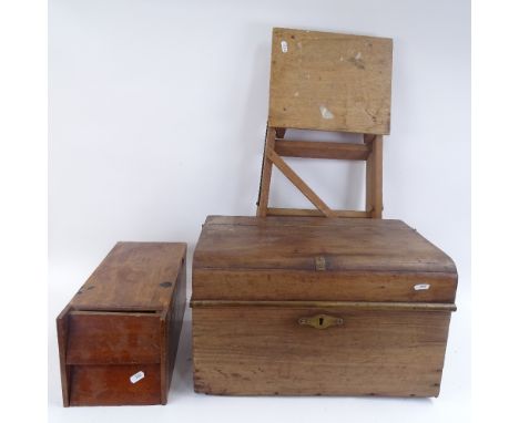 A brass-bound dome-top trunk, various tools, and a step ladder (3) 