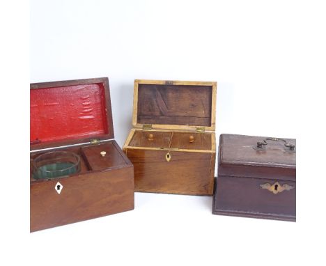A 19th century mahogany tea caddy, a satinwood-banded tea caddy, and a mahogany box, largest length 28cm (3) 