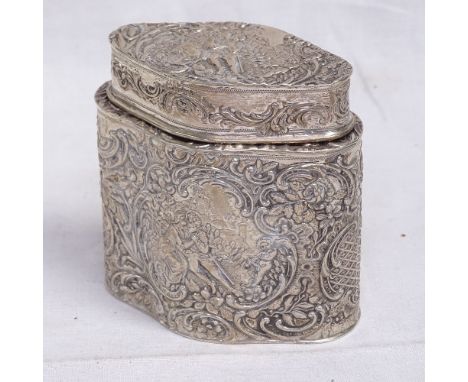 A Continental silver tea caddy of shaped oval form with relief embossed lovers scenes, Swedish control marks on base, height 