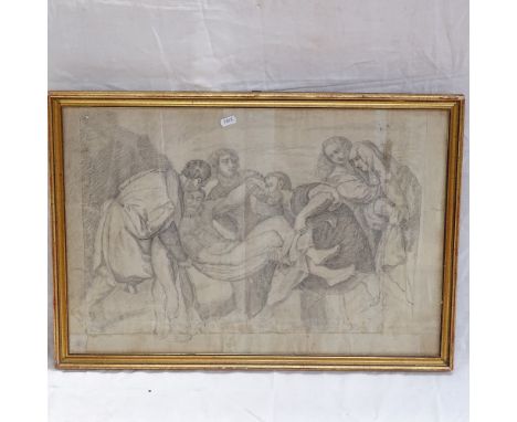 19th century pencil drawing, religious composition, unsigned, 16" x 24", framed 