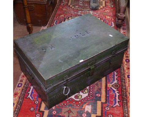 An Antique green painted metal trunk, named to F H Cole, W68cm, D45cm, H30cm 
