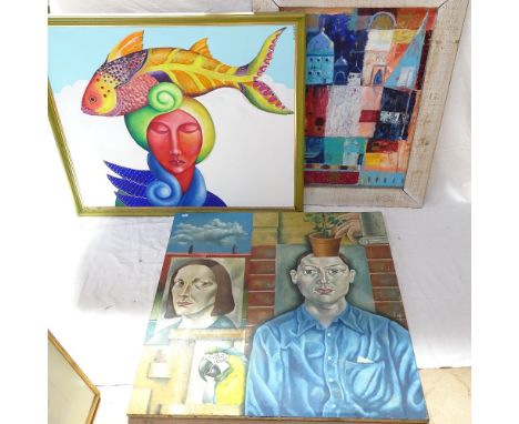 3 various oil on canvases, abstract and portrait studies 