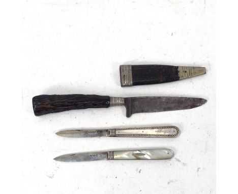 An Austrian hunting knife and scabbard, and 2 silver-bladed mother-of-pearl fruit knives (3) 