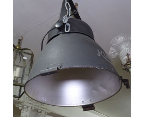 A painted aluminium industrial hanging light fitting, stamped Kliegl Bros, L55cm 