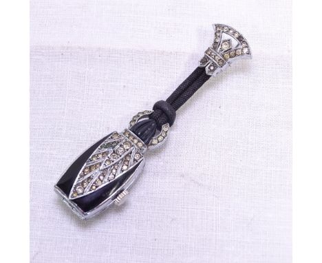 An Art Deco silver paste and enamel lapel fob watch, by W Beeker, case width 14mm 