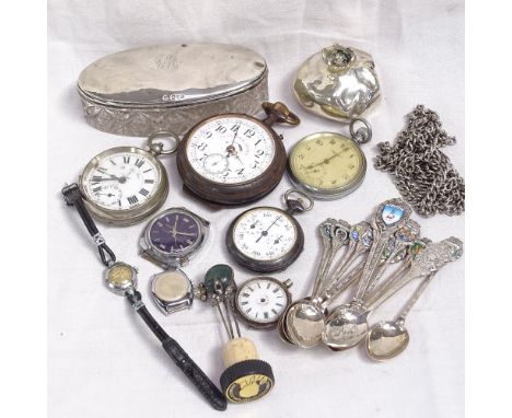 A silver fruit design paperweight, an oval silver-topped toilet jar, various pocket watches, souvenir spoons etc 