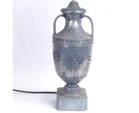 A Victorian style aluminium pedestal urn table lamp, relief embossed Classical figure and Adam style decoration, overall heig