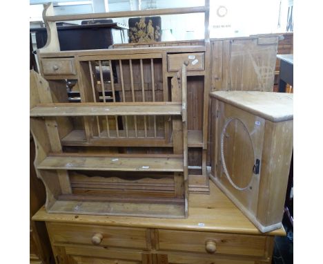 A pine hanging plate rack, a pine 3-tier shelf, and a small pine hanging corner cabinet 