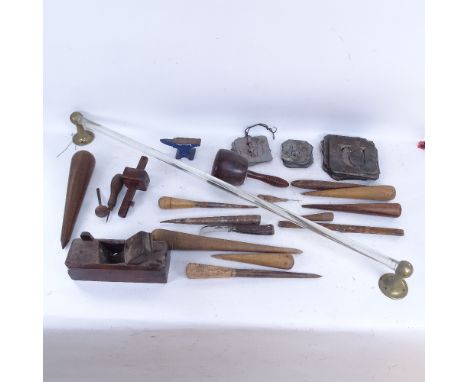 Various woodworking tools, including planes and mortice gauge, glass towel rail etc 