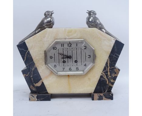 An Art Deco Jean Ernilney marble-cased mantel clock, with pewter bird mounts, length 34cm 